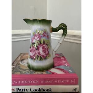 Vintage Hand Painted Floral Pitcher Pink Roses Green Gold Trim Scalloped Rim 7”